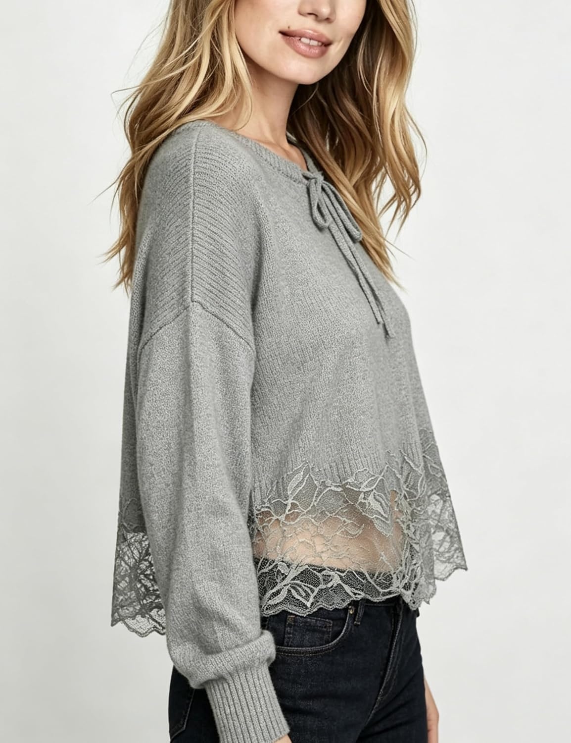 image:imageSpringrain Womens Tie Front Lace Trim Knit Cropped Sweater Top Scalloped lace hem detail Relaxed drop shoulder fit Soft breathable cozy material Versatile everyday casual wearGrey