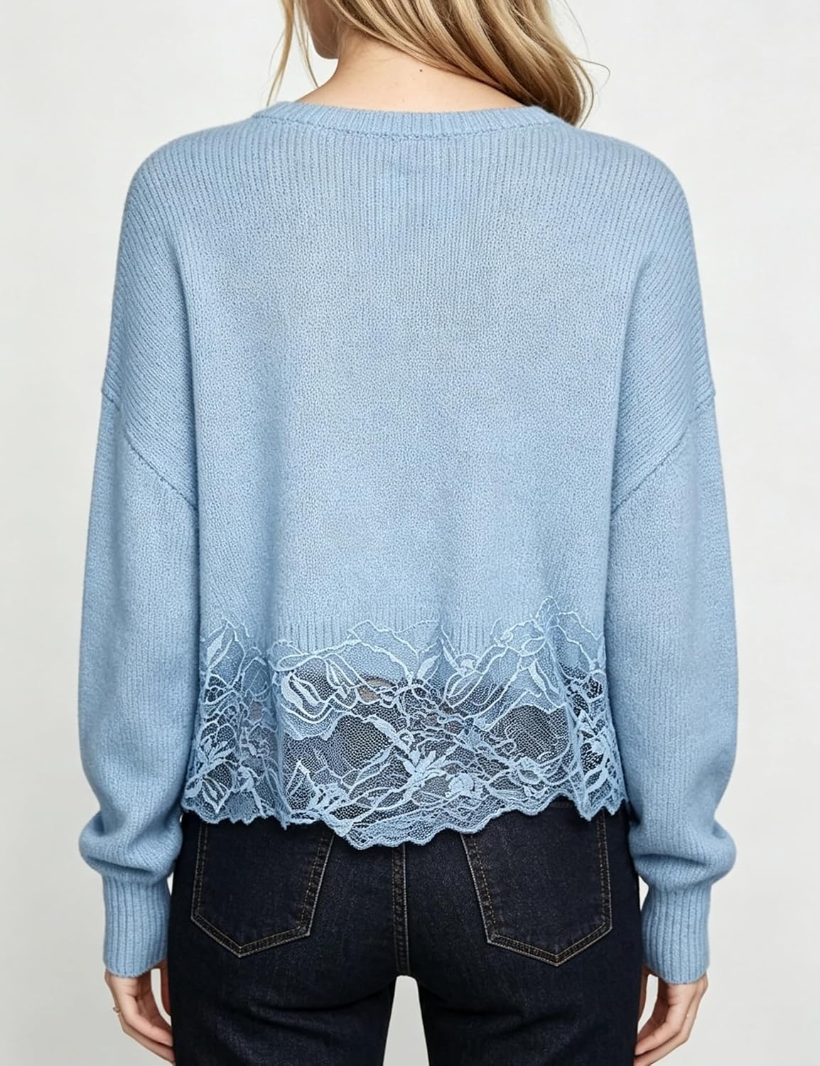 image:imageSpringrain Womens Tie Front Lace Trim Knit Cropped Sweater Top Scalloped lace hem detail Relaxed drop shoulder fit Soft breathable cozy material Versatile everyday casual wearBlue