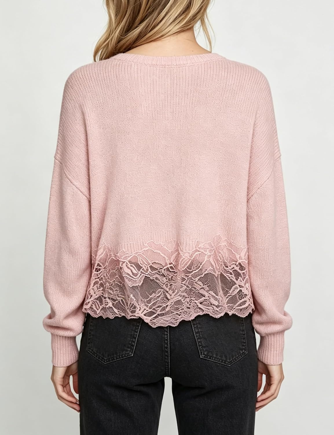 image:imageSpringrain Womens Tie Front Lace Trim Knit Cropped Sweater Top Scalloped lace hem detail Relaxed drop shoulder fit Soft breathable cozy material Versatile everyday casual wearPink