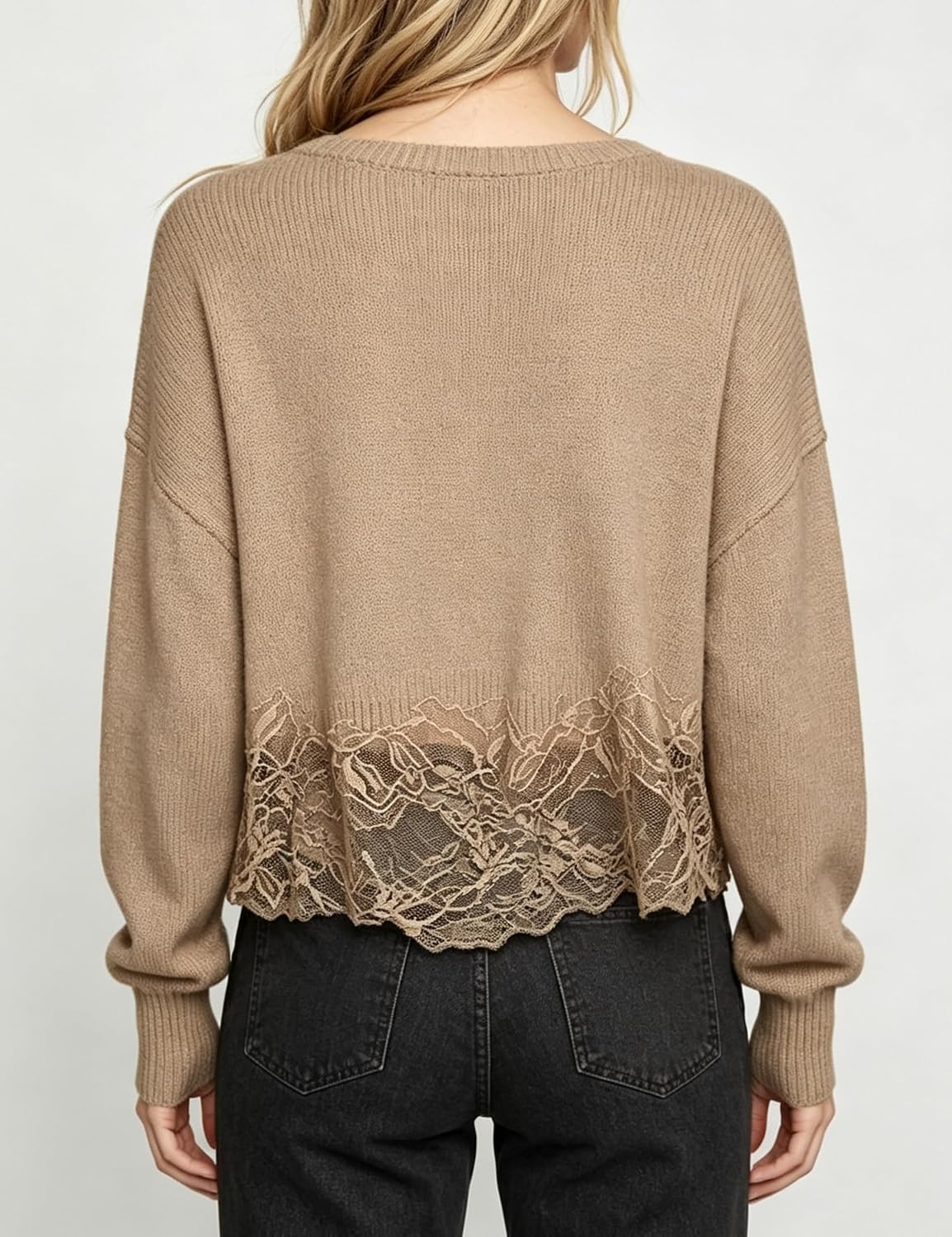 image:imageSpringrain Womens Tie Front Lace Trim Knit Cropped Sweater Top Scalloped lace hem detail Relaxed drop shoulder fit Soft breathable cozy material Versatile everyday casual wearKhaki