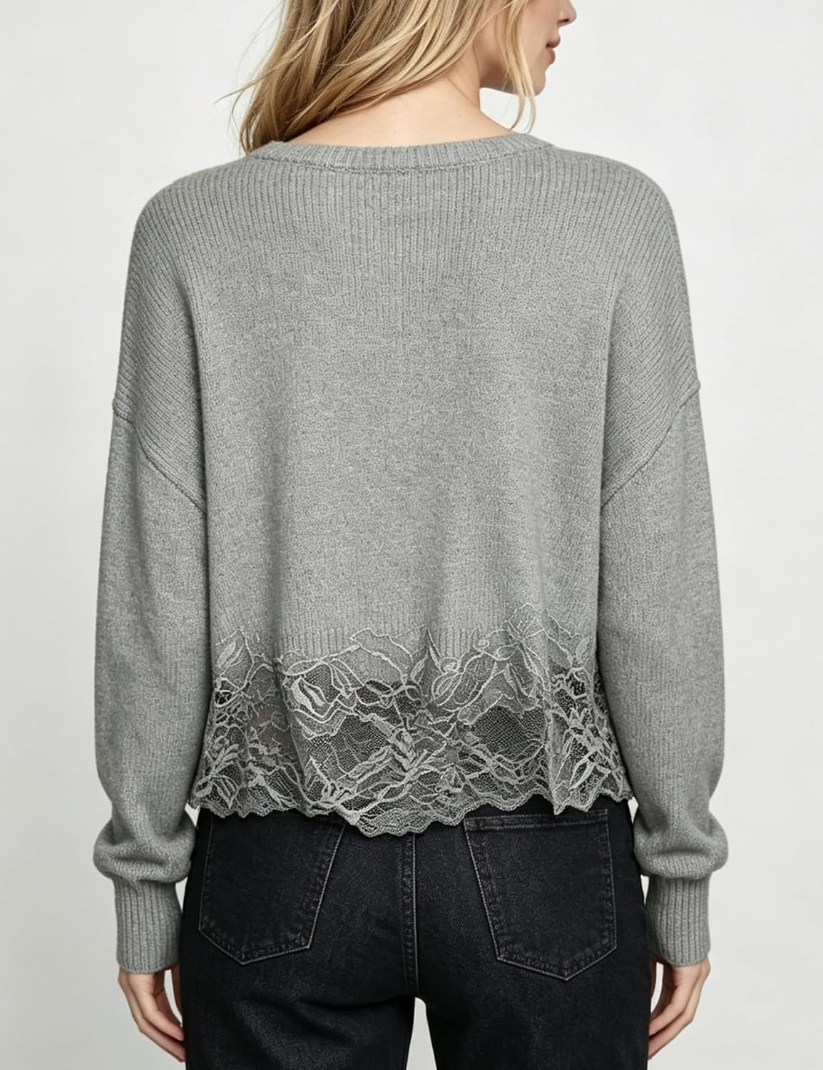 image:imageSpringrain Womens Tie Front Lace Trim Knit Cropped Sweater Top Scalloped lace hem detail Relaxed drop shoulder fit Soft breathable cozy material Versatile everyday casual wearGrey
