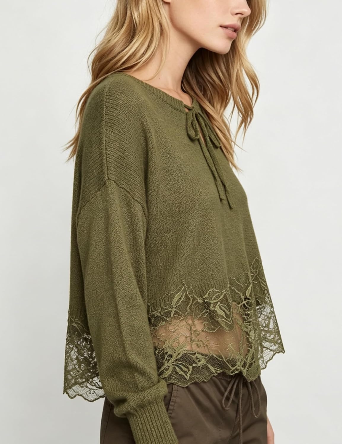 image:imageSpringrain Womens Tie Front Lace Trim Knit Cropped Sweater Top Scalloped lace hem detail Relaxed drop shoulder fit Soft breathable cozy material Versatile everyday casual wearGreen