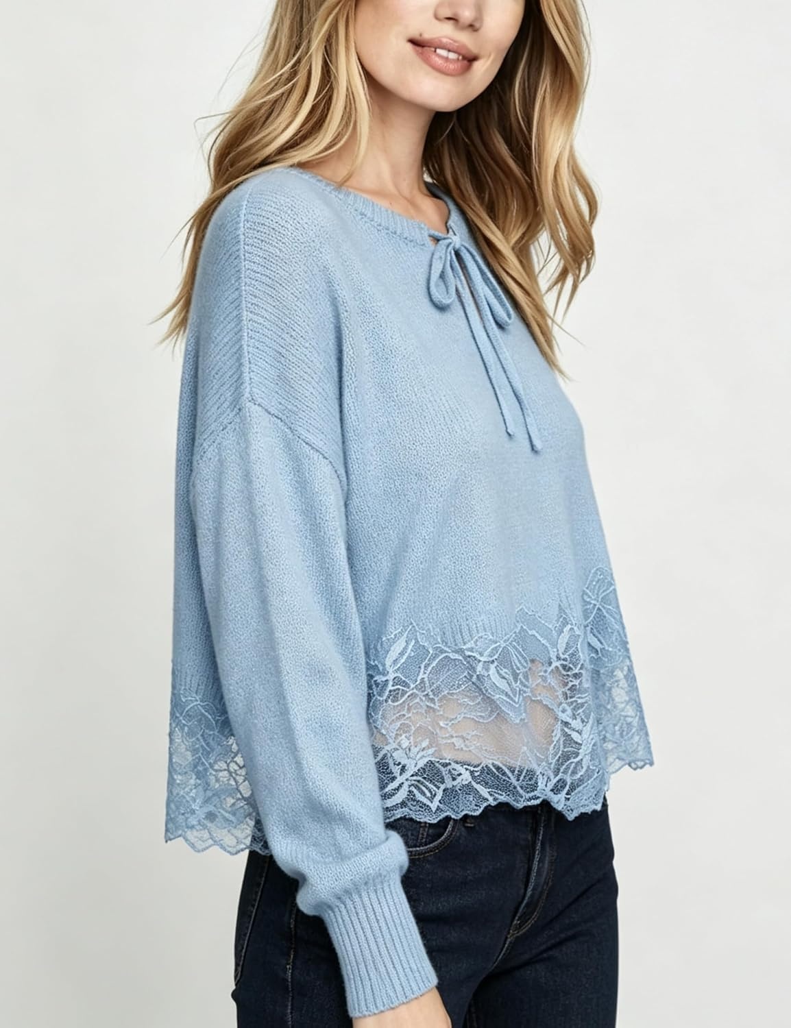 image:imageSpringrain Womens Tie Front Lace Trim Knit Cropped Sweater Top Scalloped lace hem detail Relaxed drop shoulder fit Soft breathable cozy material Versatile everyday casual wearBlue