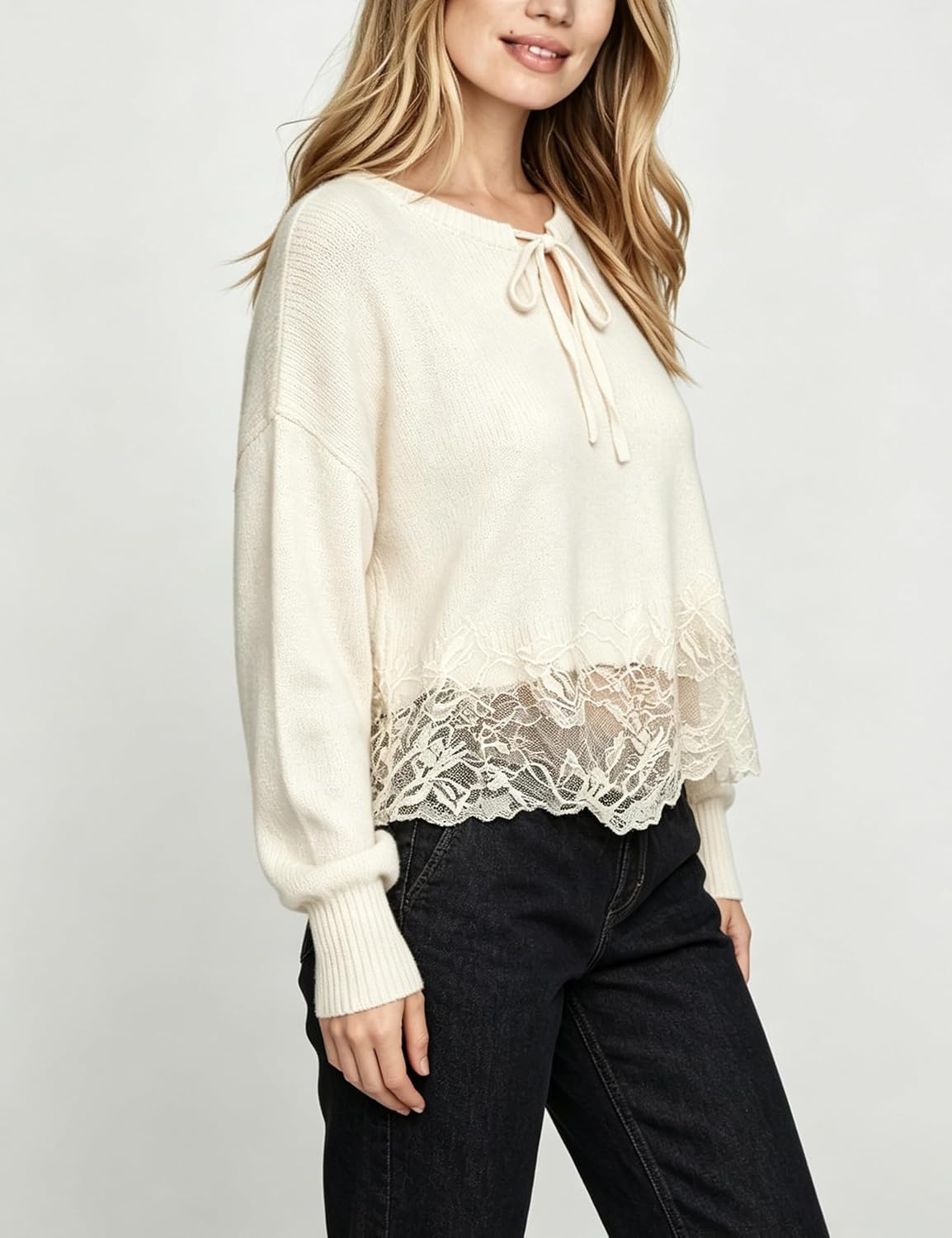 image:imageSpringrain Womens Tie Front Lace Trim Knit Cropped Sweater Top Scalloped lace hem detail Relaxed drop shoulder fit Soft breathable cozy material Versatile everyday casual wearBeige