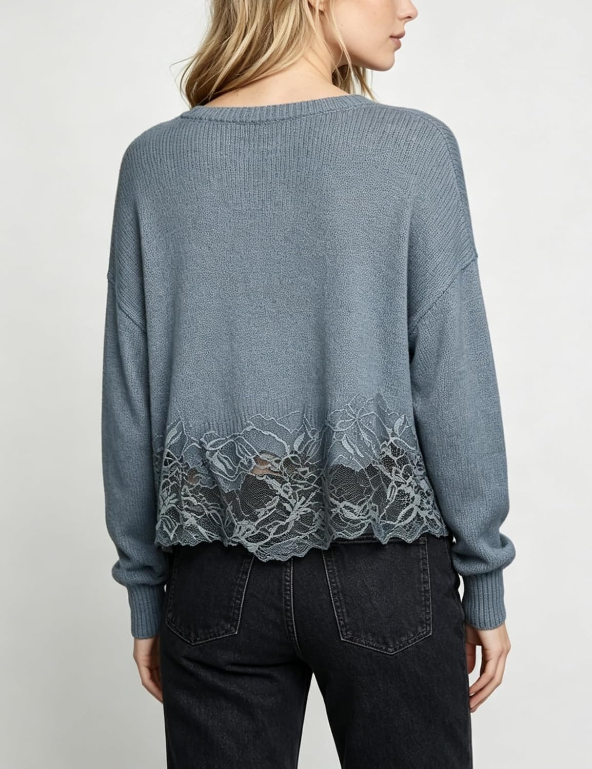 image:imageSpringrain Womens Tie Front Lace Trim Knit Cropped Sweater Top Scalloped lace hem detail Relaxed drop shoulder fit Soft breathable cozy material Versatile everyday casual wearBluegrey