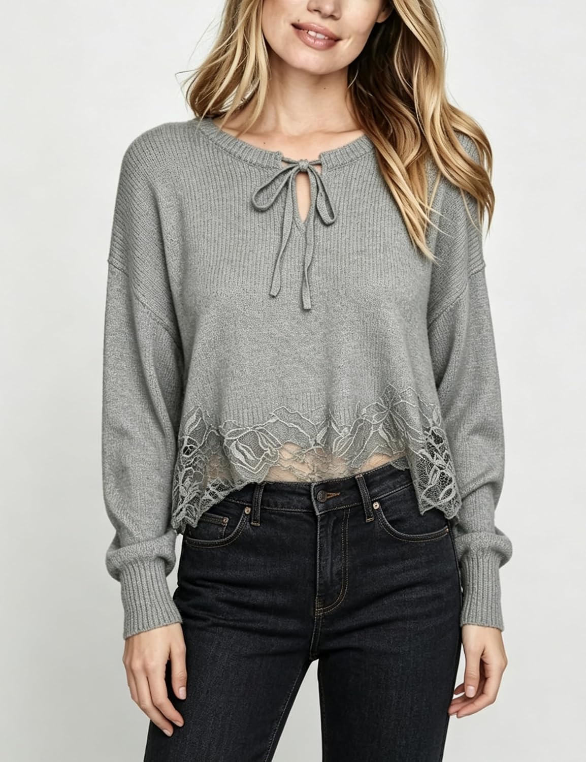 image:imageSpringrain Womens Tie Front Lace Trim Knit Cropped Sweater Top Scalloped lace hem detail Relaxed drop shoulder fit Soft breathable cozy material Versatile everyday casual wearGrey
