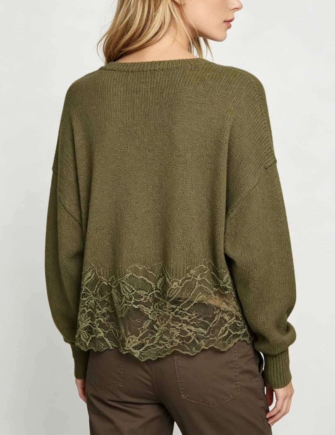 image:imageSpringrain Womens Tie Front Lace Trim Knit Cropped Sweater Top Scalloped lace hem detail Relaxed drop shoulder fit Soft breathable cozy material Versatile everyday casual wearGreen