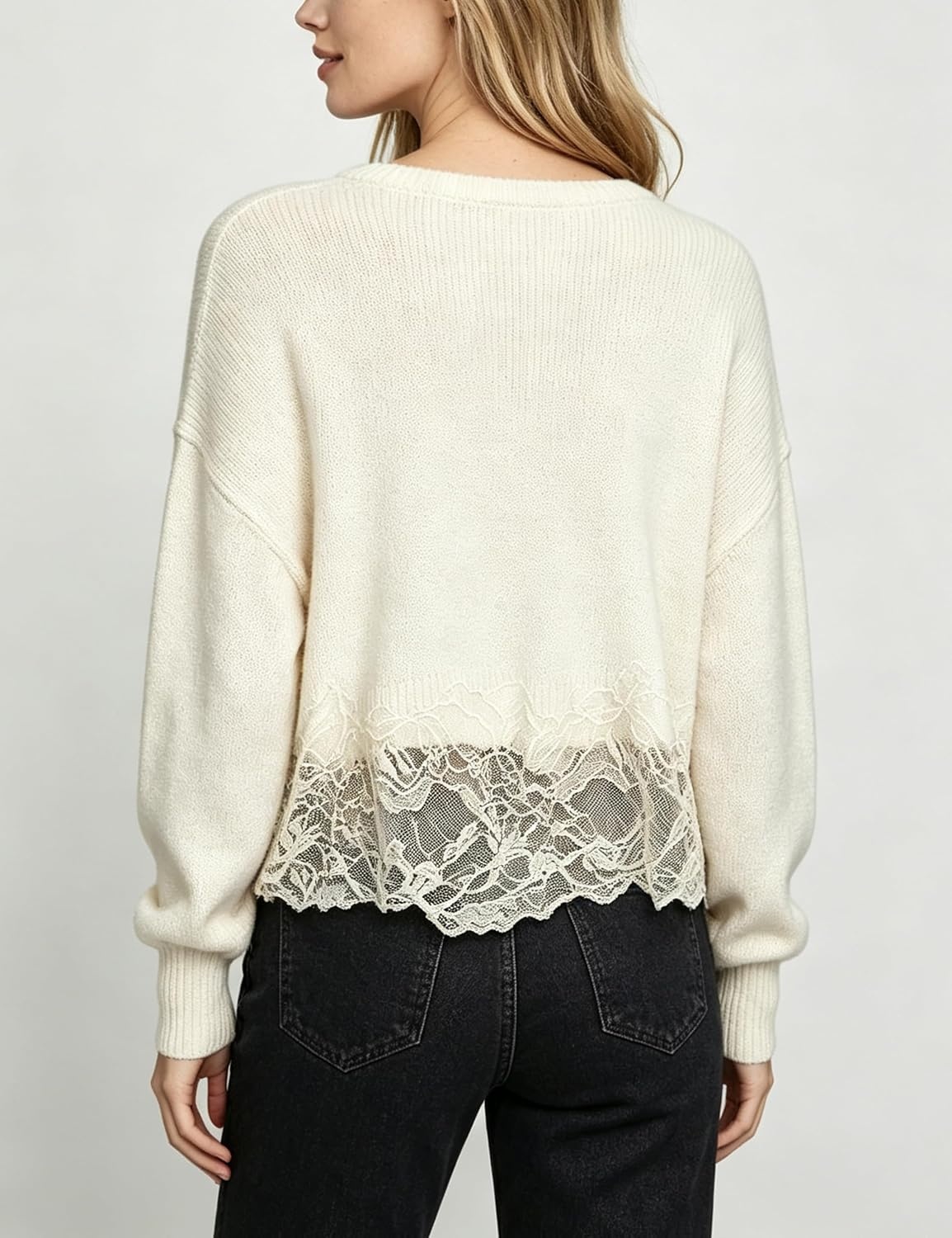 image:imageSpringrain Womens Tie Front Lace Trim Knit Cropped Sweater Top Scalloped lace hem detail Relaxed drop shoulder fit Soft breathable cozy material Versatile everyday casual wearBeige