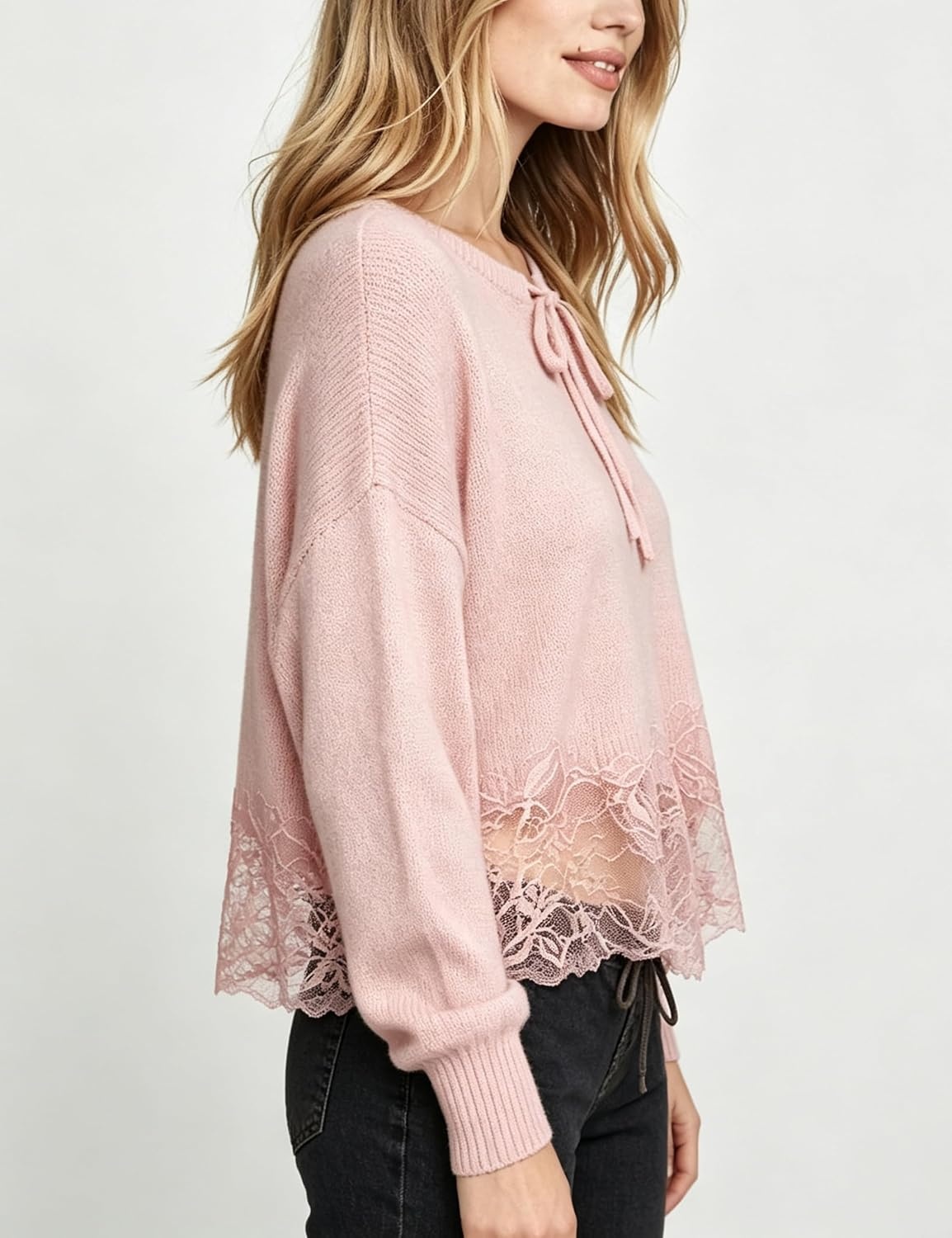 image:imageSpringrain Womens Tie Front Lace Trim Knit Cropped Sweater Top Scalloped lace hem detail Relaxed drop shoulder fit Soft breathable cozy material Versatile everyday casual wearPink