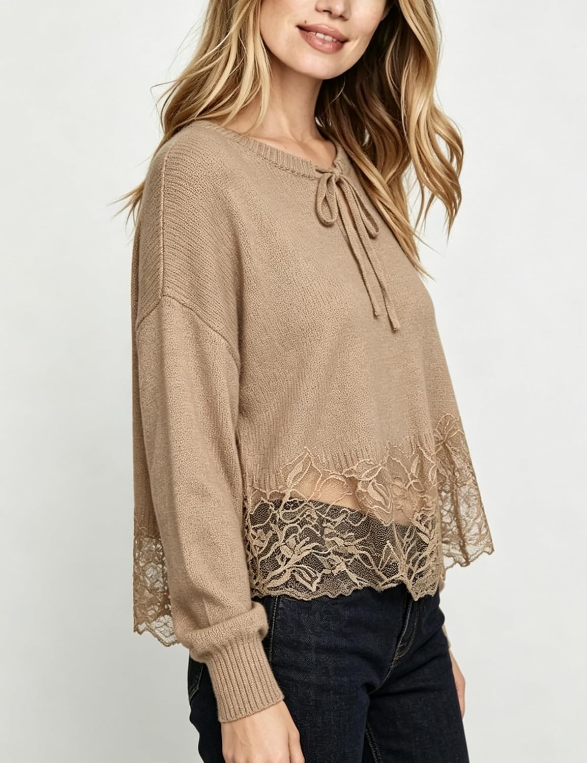 image:imageSpringrain Womens Tie Front Lace Trim Knit Cropped Sweater Top Scalloped lace hem detail Relaxed drop shoulder fit Soft breathable cozy material Versatile everyday casual wearKhaki