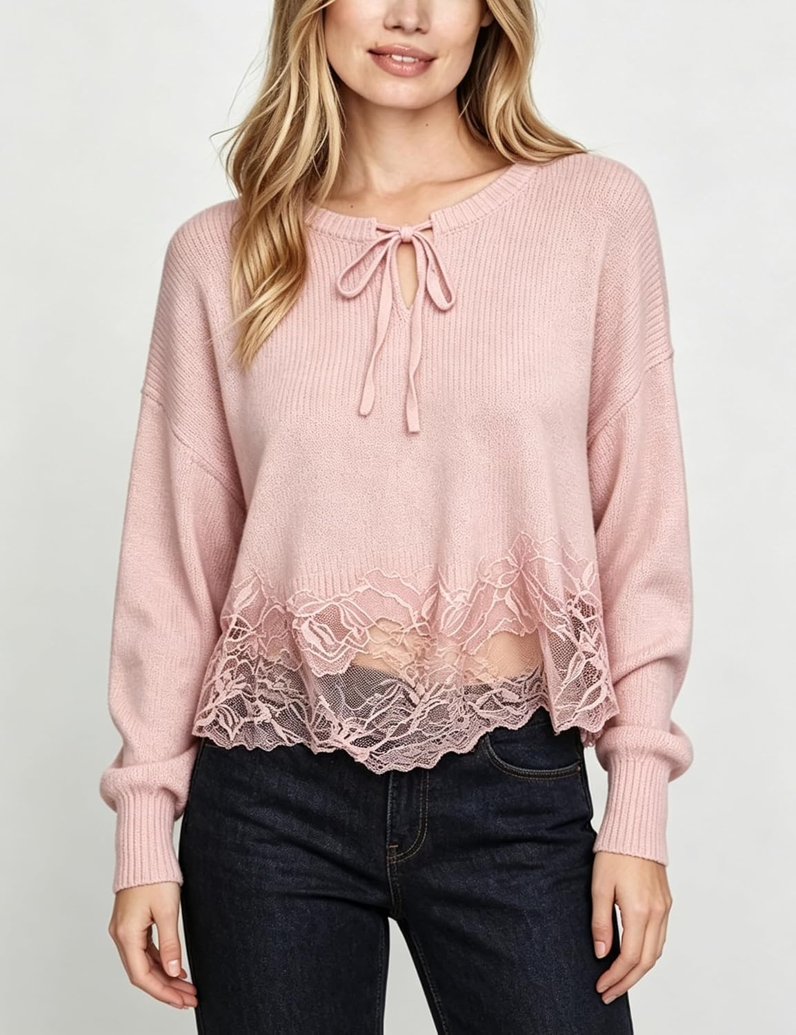 image:imageSpringrain Womens Tie Front Lace Trim Knit Cropped Sweater Top Scalloped lace hem detail Relaxed drop shoulder fit Soft breathable cozy material Versatile everyday casual wearPink