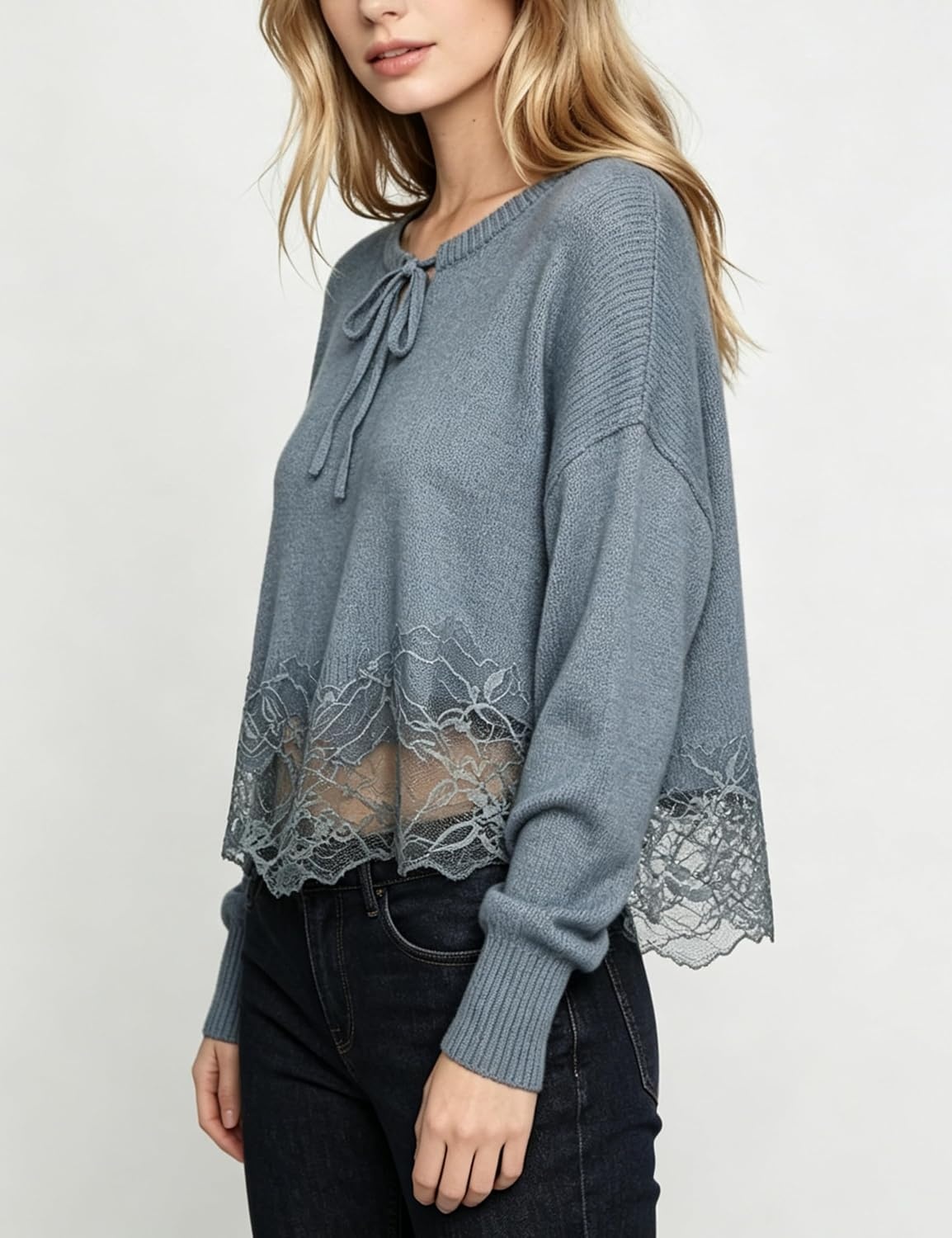 image:imageSpringrain Womens Tie Front Lace Trim Knit Cropped Sweater Top Scalloped lace hem detail Relaxed drop shoulder fit Soft breathable cozy material Versatile everyday casual wearBluegrey