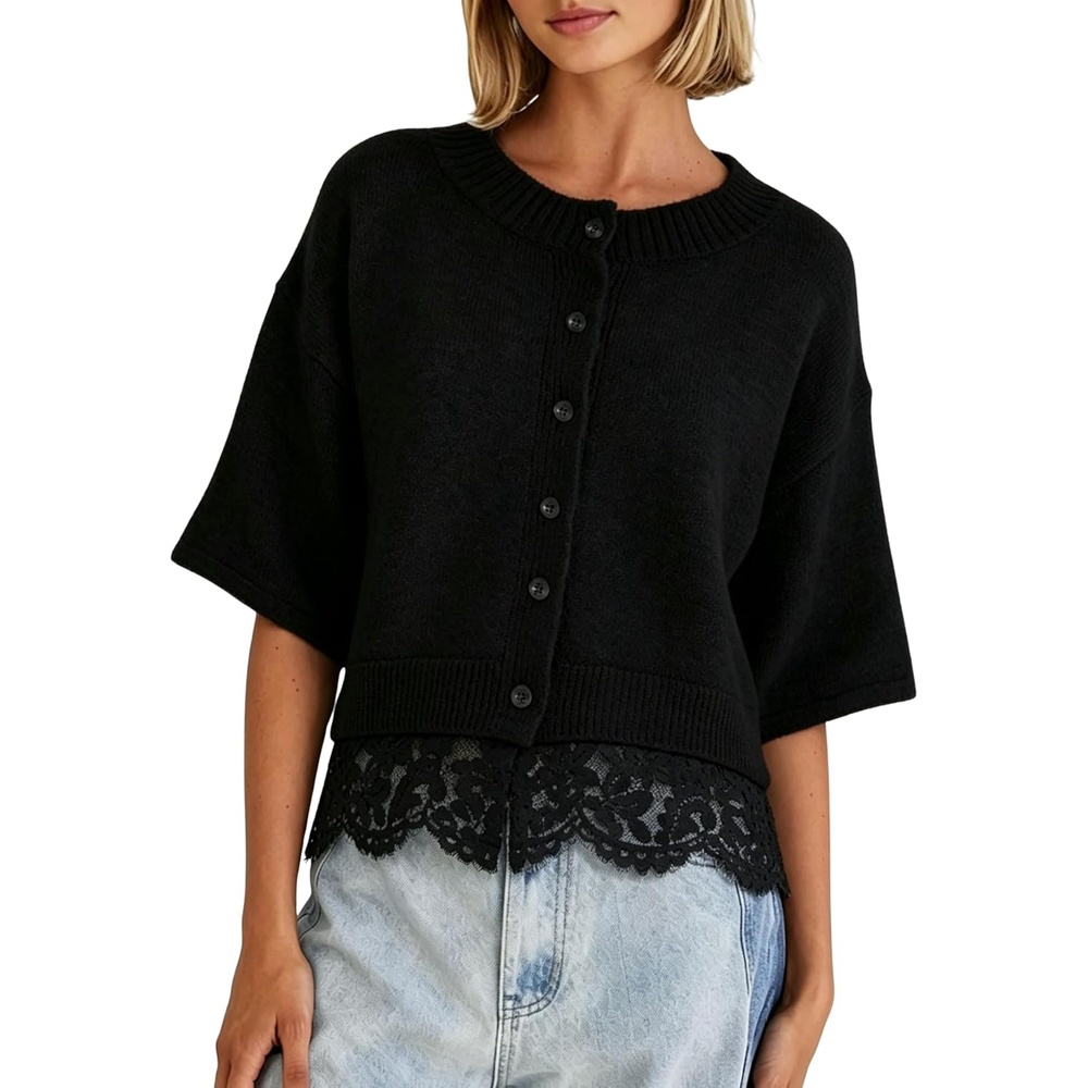 image:imageSpringrain Womens Cropped Lace Trim Knit Cardigan SweatersBlack