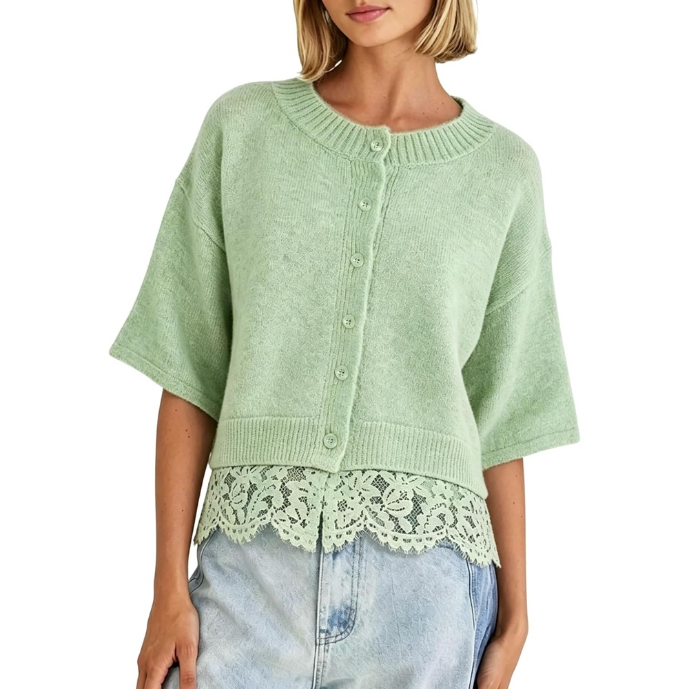 image:imageSpringrain Womens Cropped Lace Trim Knit Cardigan SweatersGreen