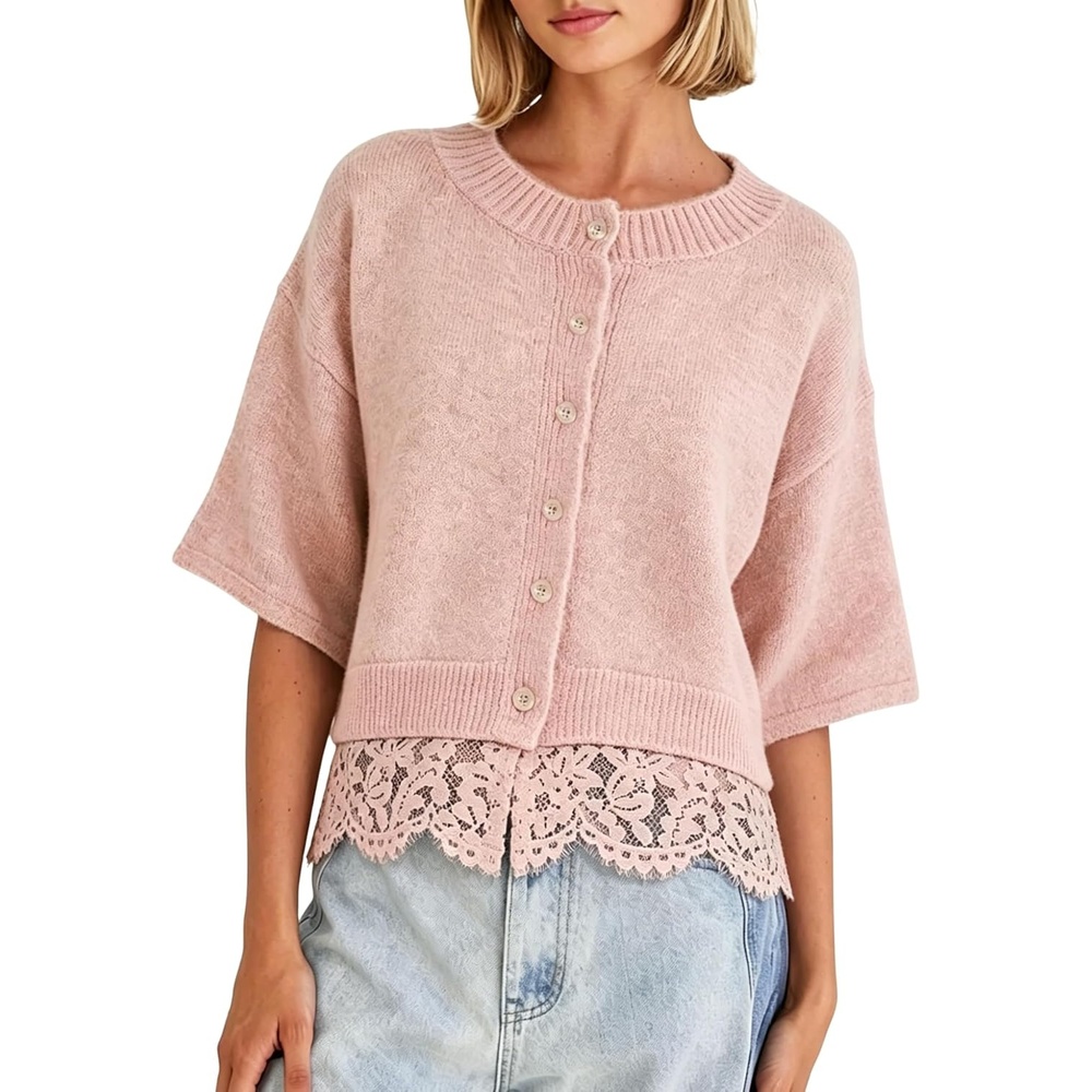 image:imageSpringrain Womens Cropped Lace Trim Knit Cardigan SweatersPink