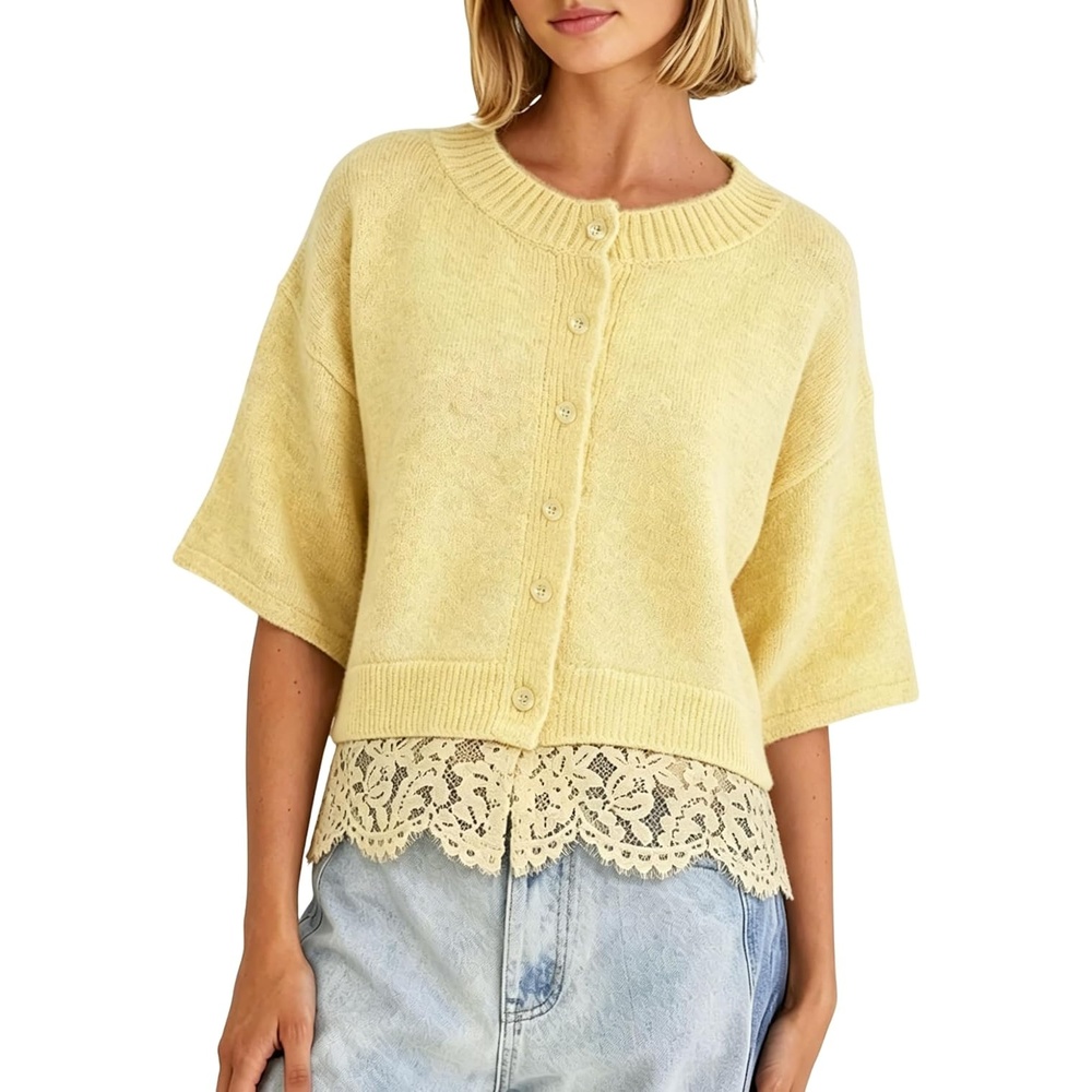 image:imageSpringrain Womens Cropped Lace Trim Knit Cardigan SweatersYellow