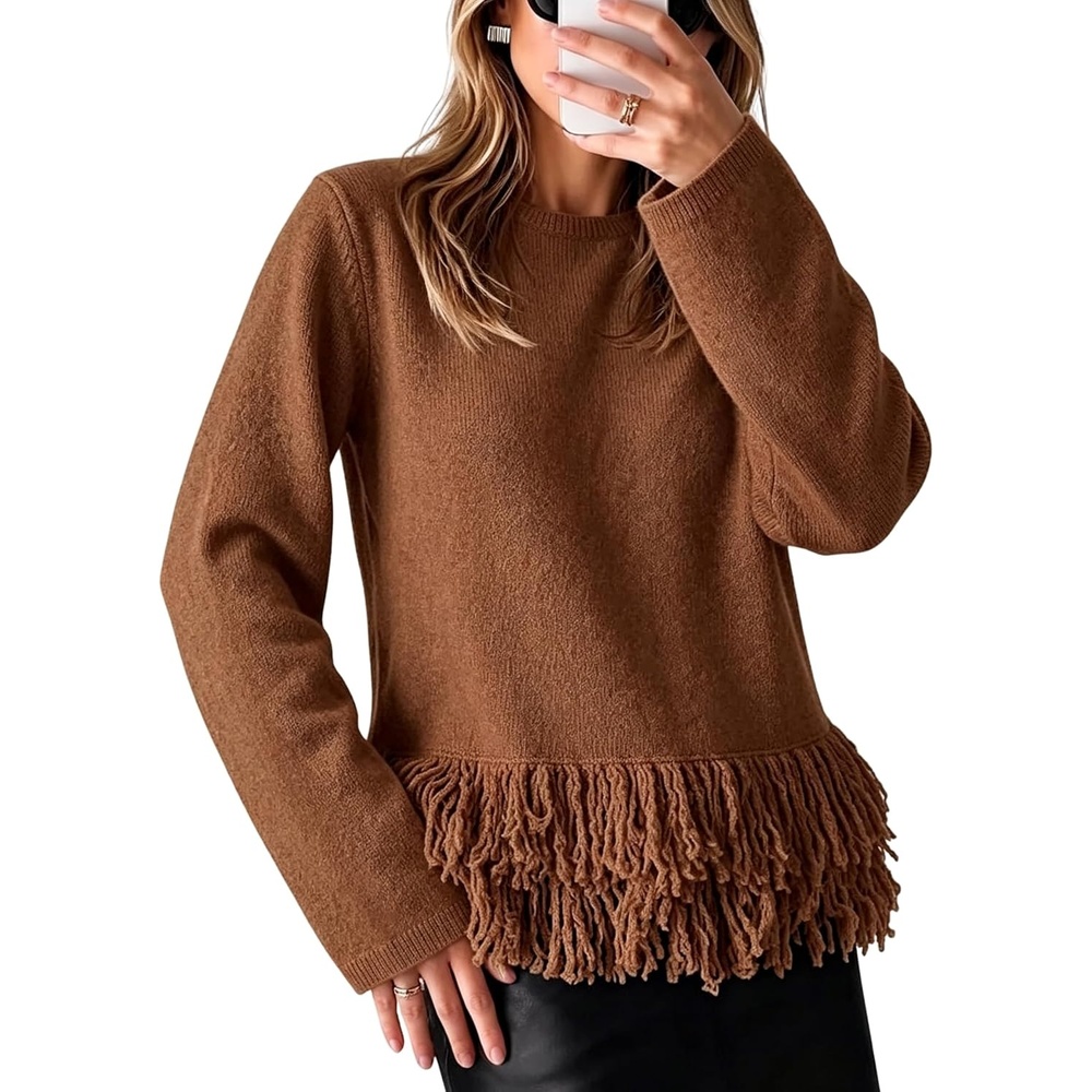 image:imageSpringrain Womens Fringe Boho Crewneck Knit Pullover Sweaters  Comfort Stretch Knit Loose Relaxed Cut Lightweight Breathable Great for Layering Suitable for Holiday StylingBrown