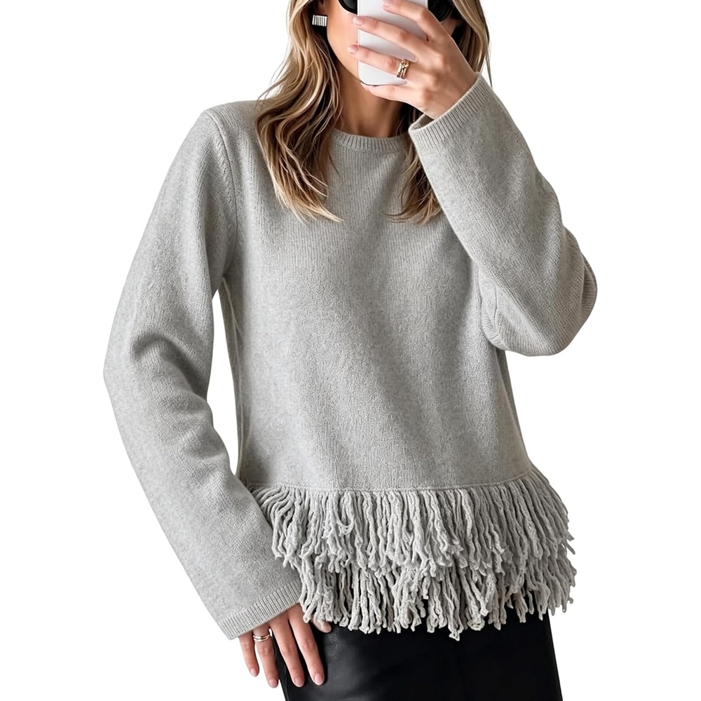 image:imageSpringrain Womens Fringe Boho Crewneck Knit Pullover Sweaters  Comfort Stretch Knit Loose Relaxed Cut Lightweight Breathable Great for Layering Suitable for Holiday StylingGrey