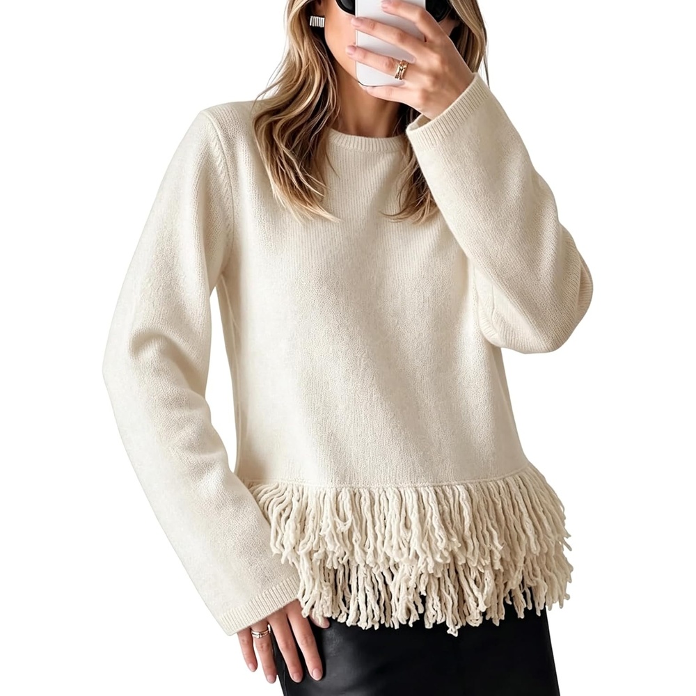 image:imageSpringrain Womens Fringe Boho Crewneck Knit Pullover Sweaters  Comfort Stretch Knit Loose Relaxed Cut Lightweight Breathable Great for Layering Suitable for Holiday StylingBeige