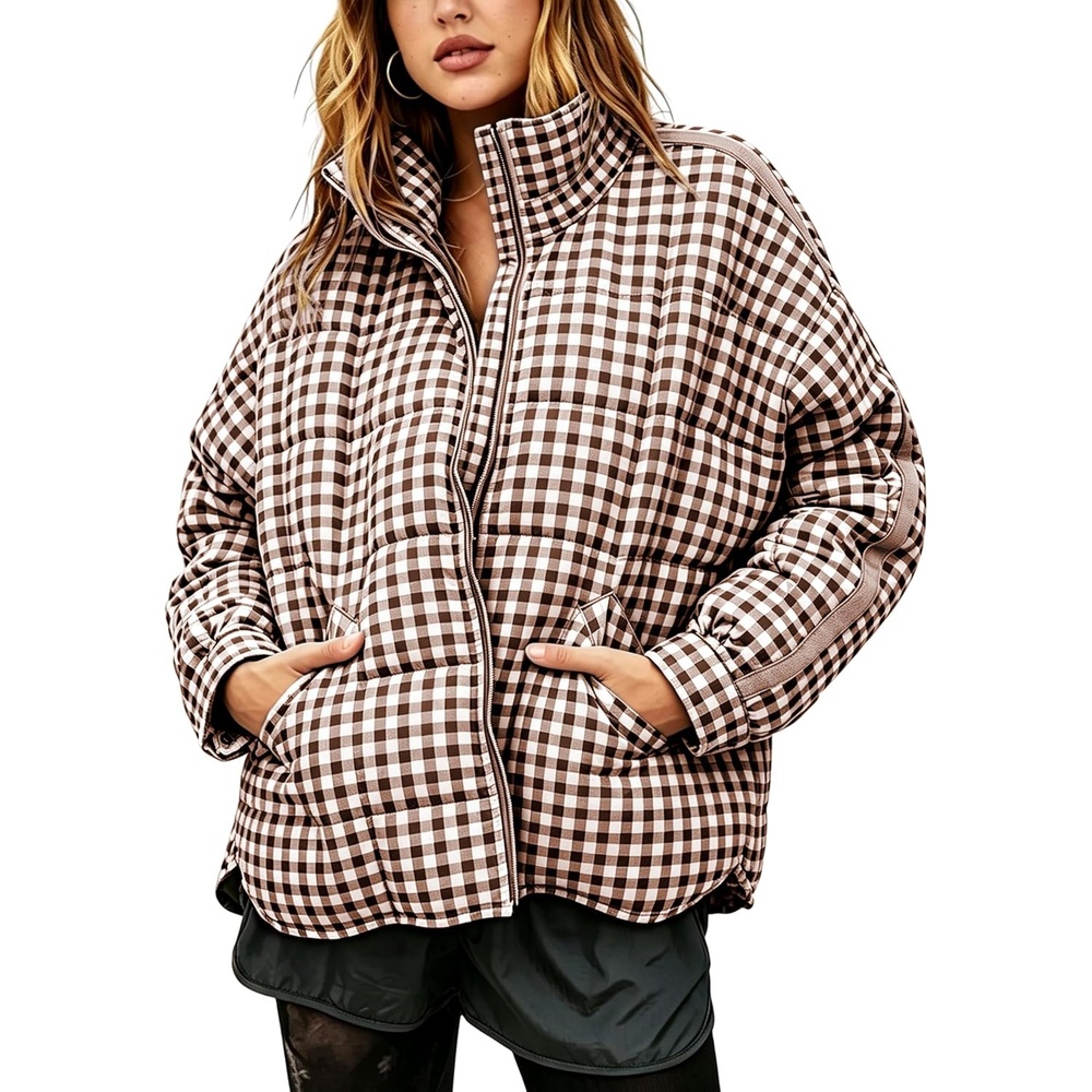 image:imageSpringrain Womens Gingham Splice Quilted Puffer Jacket Coat  WindBlock Stand Collar Secure Full Zipper Front Oversized Loose Fit Lightweight Warm Filling Functional Side PocketsBrown