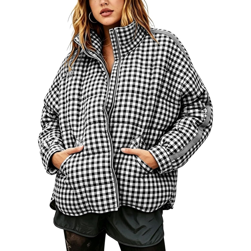 image:imageSpringrain Womens Gingham Splice Quilted Puffer Jacket Coat  WindBlock Stand Collar Secure Full Zipper Front Oversized Loose Fit Lightweight Warm Filling Functional Side PocketsBlack