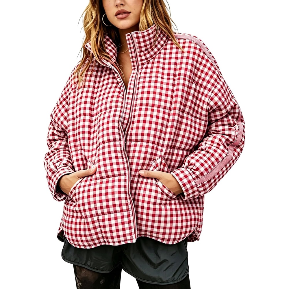 image:imageSpringrain Womens Gingham Splice Quilted Puffer Jacket Coat  WindBlock Stand Collar Secure Full Zipper Front Oversized Loose Fit Lightweight Warm Filling Functional Side PocketsRed