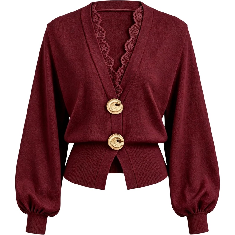 image:imageSpringrain Womens Lace Trim Knit Top V Neck Button Cardigan Two large metal ring closure Lantern sleeves with ribbed cuffs Flattering cropped ribbed hem Lightweight soft fabricWinered