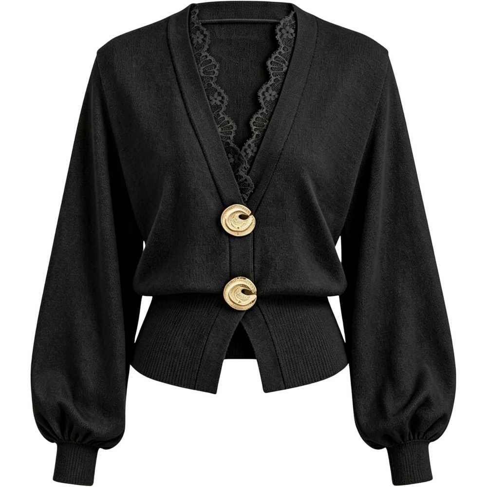 image:imageSpringrain Womens Lace Trim Knit Top V Neck Button Cardigan Two large metal ring closure Lantern sleeves with ribbed cuffs Flattering cropped ribbed hem Lightweight soft fabricBlack