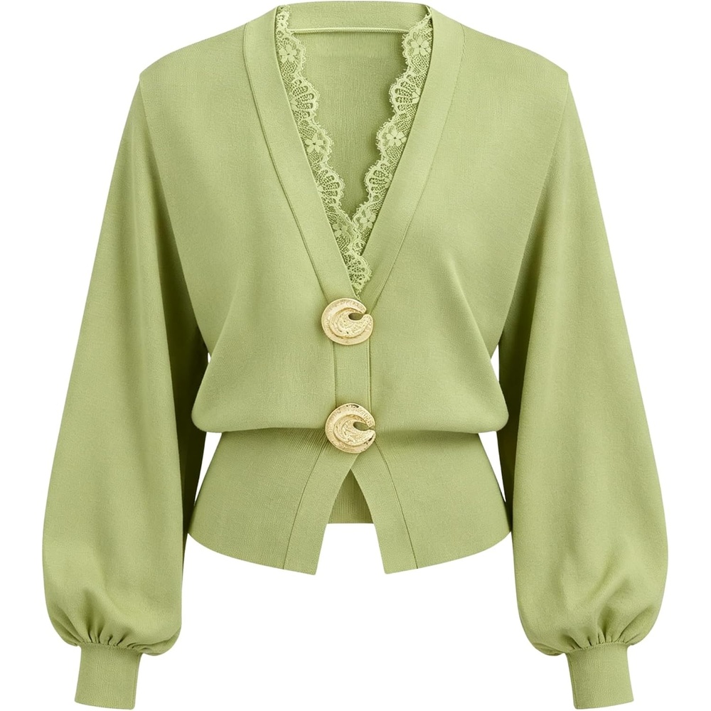 image:imageSpringrain Womens Lace Trim Knit Top V Neck Button Cardigan Two large metal ring closure Lantern sleeves with ribbed cuffs Flattering cropped ribbed hem Lightweight soft fabricGreen
