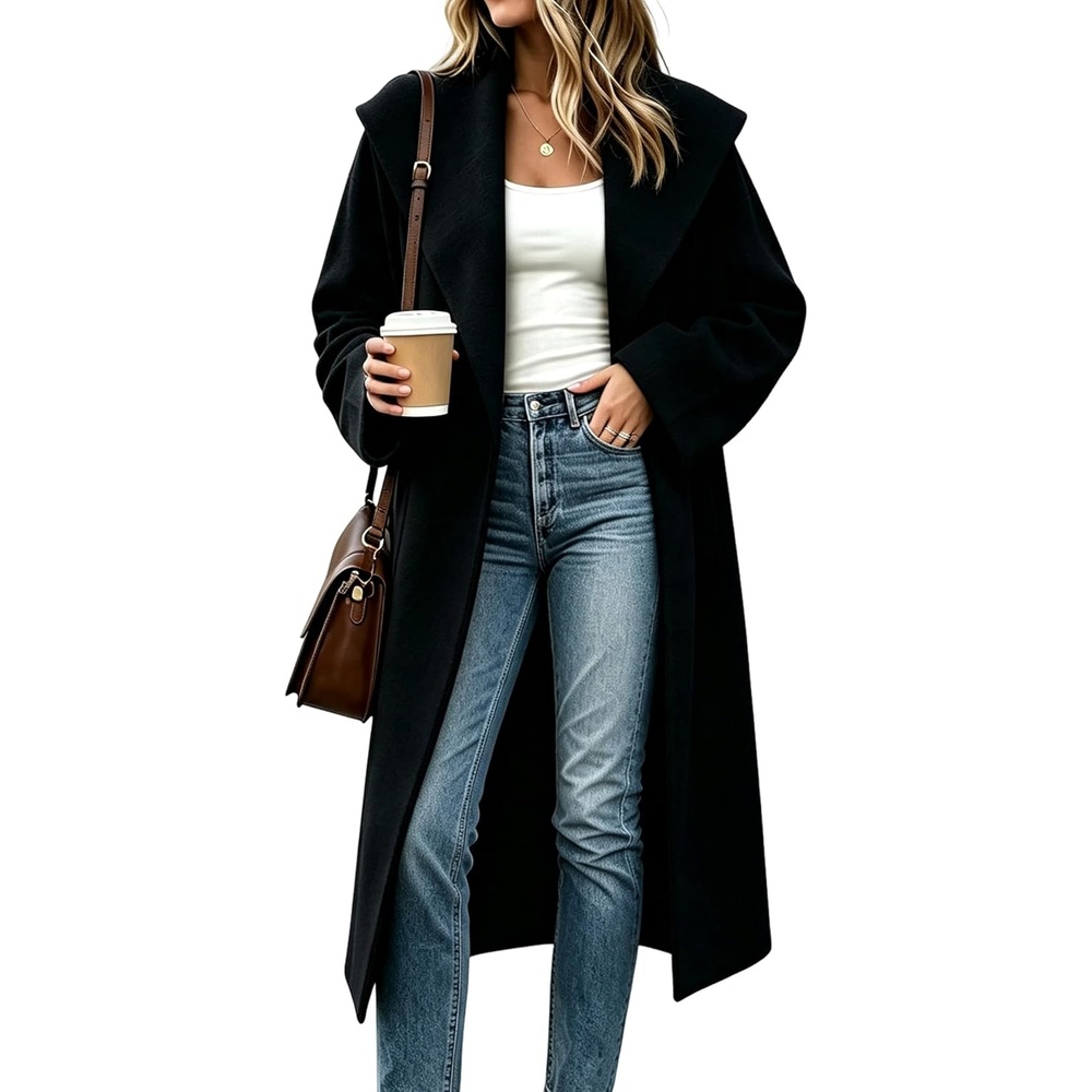 image:imageSpringrain Womens Shawl Collar Cardigan Coat Knit Sweater Spacious front pockets slouchy oversized silhouette soft solid knit elegant draping versatile fall winter outerwearBlack