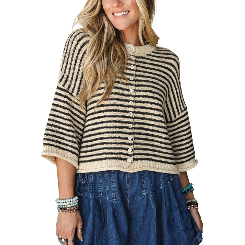image:imageSpringrain Womens Striped Cardigan Sweaters Button Down Fall Soft Lightweight Knit Fabric Front Button Closure Design Relaxed Loose Fit Cut Long Sleeve Ribbed CuffsBlack