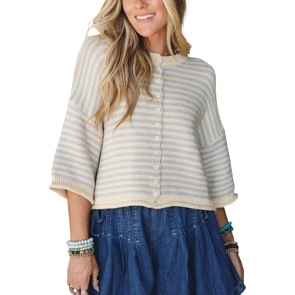 image:imageSpringrain Womens Striped Cardigan Sweaters Button Down Fall Soft Lightweight Knit Fabric Front Button Closure Design Relaxed Loose Fit Cut Long Sleeve Ribbed CuffsBlue