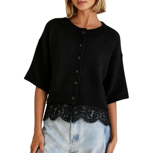 Springrain Women’s Cropped Lace Trim Knit Cardigan Sweaters(Black)