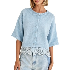 Springrain Women’s Cropped Lace Trim Knit Cardigan Sweaters(Blue)
