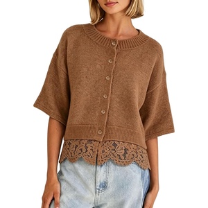 Springrain Women’s Cropped Lace Trim Knit Cardigan Sweaters(Brown)