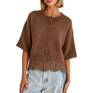 Springrain Women’s Cropped Lace Trim Knit Cardigan Sweaters(Coffee)