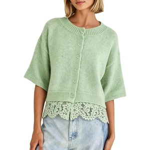 Springrain Women’s Cropped Lace Trim Knit Cardigan Sweaters(Green)