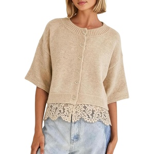 Springrain Women’s Cropped Lace Trim Knit Cardigan Sweaters(Khaki)
