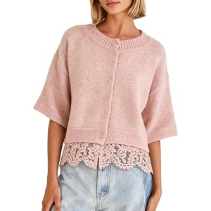 Springrain Women’s Cropped Lace Trim Knit Cardigan Sweaters(Pink)