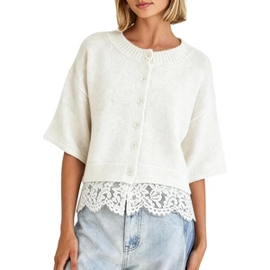 Springrain Women’s Cropped Lace Trim Knit Cardigan Sweaters(White)