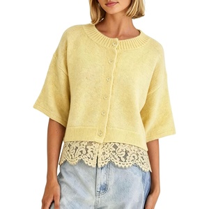 Springrain Women’s Cropped Lace Trim Knit Cardigan Sweaters(Yellow)
