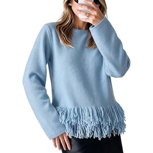 Springrain Women’s Fringe Boho Crewneck Knit Pullover Sweaters | Comfort Stretch Knit, Loose Relaxed Cut, Lightweight Breathable, Great for Layering, Suitable for Holiday Styling(Blue)