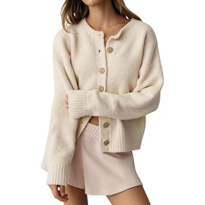 Springrain Women’s Fuzzy Cropped Knit Cardigan Button Sweaters | Distinctive Shell Front Buttons, Stretch Ribbed Trim, Loose Drop Shoulder Sleeves, Versatile Casual Wear(Beige)