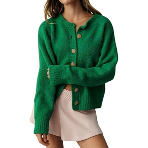 Springrain Women’s Fuzzy Cropped Knit Cardigan Button Sweaters | Distinctive Shell Front Buttons, Stretch Ribbed Trim, Loose Drop Shoulder Sleeves, Versatile Casual Wear(Green)