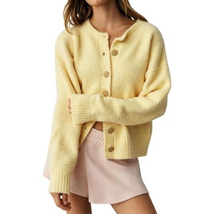 Springrain Women’s Fuzzy Cropped Knit Cardigan Button Sweaters | Distinctive Shell Front Buttons, Stretch Ribbed Trim, Loose Drop Shoulder Sleeves, Versatile Casual Wear(Yellow)