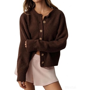 Springrain Women’s Fuzzy Cropped Knit Cardigan Button Sweaters | Distinctive Shell Front Buttons, Stretch Ribbed Trim, Loose Drop Shoulder Sleeves, Versatile Casual Wear(Brown)