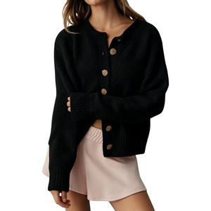 Springrain Women’s Fuzzy Cropped Knit Cardigan Button Sweaters | Distinctive Shell Front Buttons, Stretch Ribbed Trim, Loose Drop Shoulder Sleeves, Versatile Casual Wear(Black)