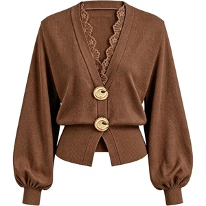 Springrain Women’s Lace Trim Knit Top V Neck Button Cardigan | Two large metal ring closure, Lantern sleeves with ribbed cuffs, Flattering cropped ribbed hem, Lightweight soft fabric(Brown)