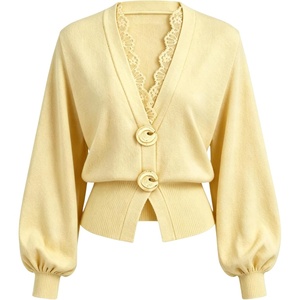 Springrain Women’s Lace Trim Knit Top V Neck Button Cardigan | Two large metal ring closure, Lantern sleeves with ribbed cuffs, Flattering cropped ribbed hem, Lightweight soft fabric(Yellow)