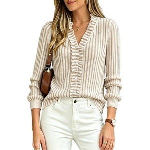 Springrain Women’s Striped Cardigan Sweater V Neck Ruffle Fall | Soft Breathable Knit Texture, Button-Front Placket, Long Balloon Sleeves with Ribbed Cuffs, Versatile Cool-Weather Layering(Khaki)